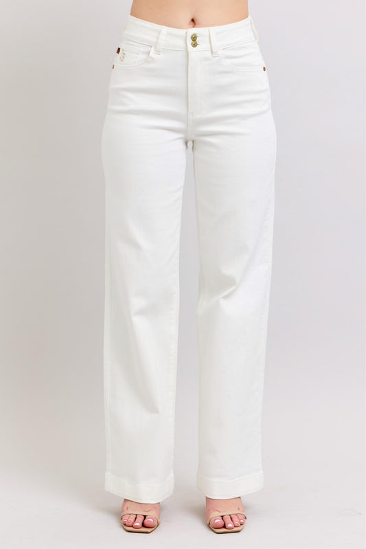 White HW Double Button Wide Leg Jean