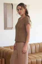 Tan Crochet Knit Short Sleeve Sweater Top