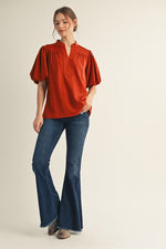 Short Puff Sleeve Mock V-Neck Top - Caramel
