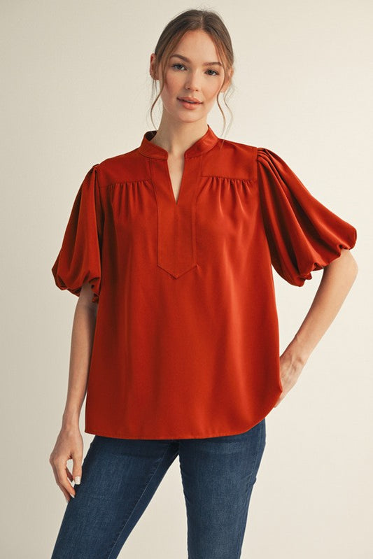 Short Puff Sleeve Mock V-Neck Top - Caramel