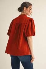 Short Puff Sleeve Mock V-Neck Top - Caramel