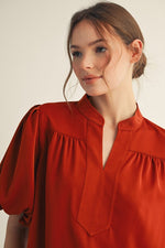 Short Puff Sleeve Mock V-Neck Top - Caramel