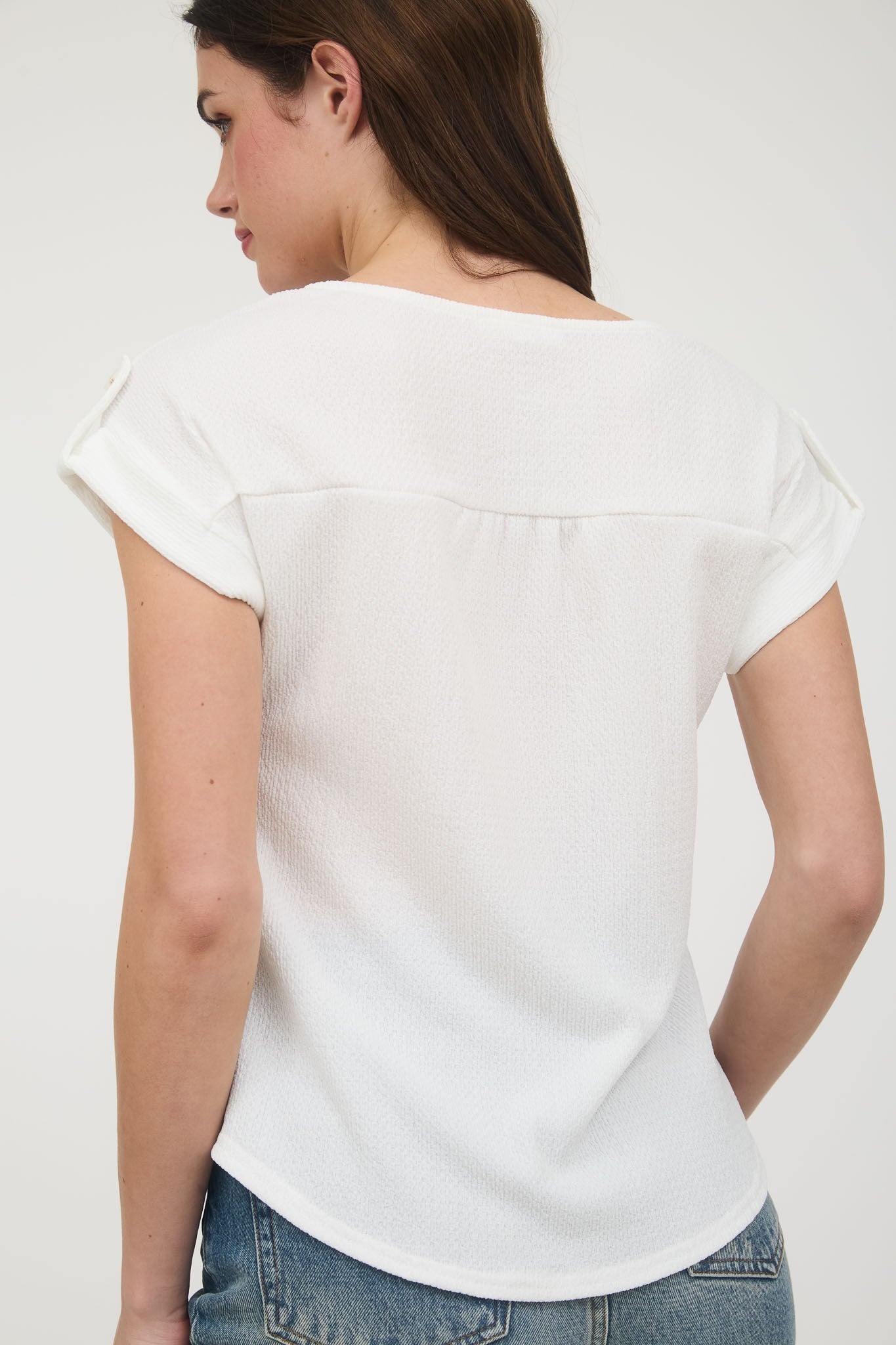 White Lace Trim Crinkle Knit Blouse