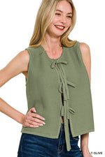 Tie Front Sweater Vest - Light Olive
