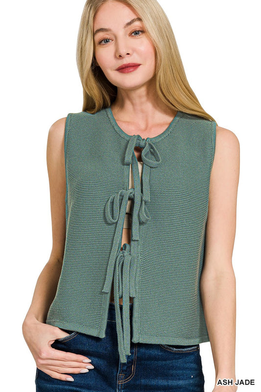 Tie Front Sweater Vest - Ash Jade