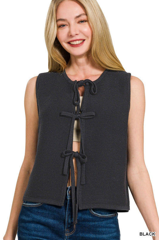 Tie Front Sweater Vest - Black