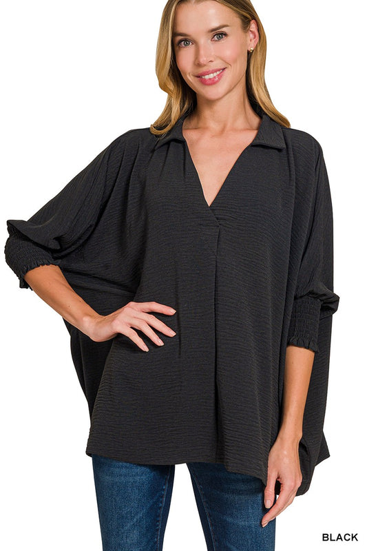 Flowy Smocked Sleeve Band Top - Black