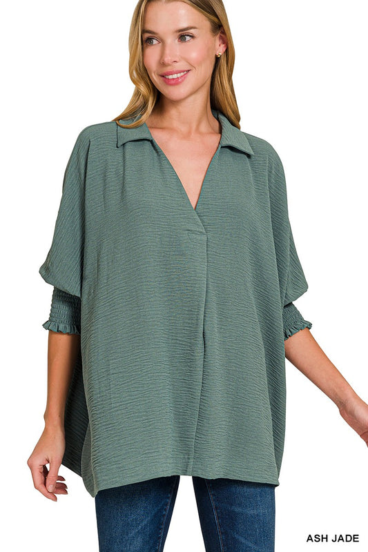 Flowy Smocked Sleeve Band Top - Ash Jade