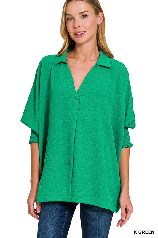 Flowy Smocked Sleeve Band Top - Kelly Green