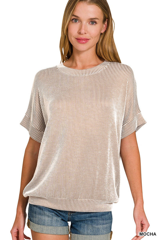 Corded Rib Short Sleeve Top - Mocha