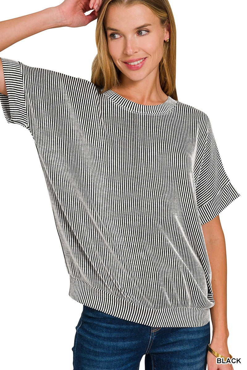 Corded Rib Short Sleeve Top - Black