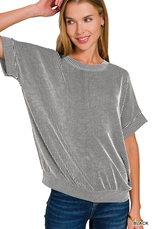 Corded Rib Short Sleeve Top - Black