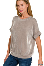Corded Rib Short Sleeve Top - Brown