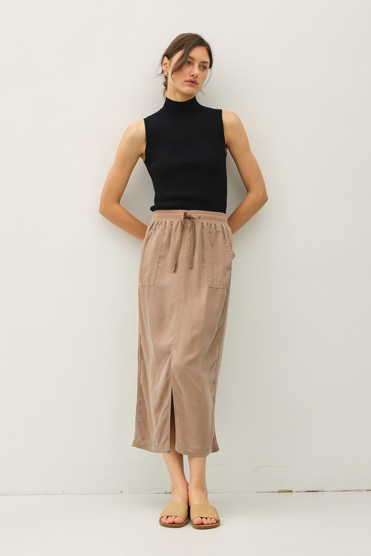 Mocha Tencel A-line Midi Skirt