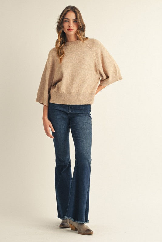Drop Shoulder Elbow Sleeve Sweater - Oatmeal
