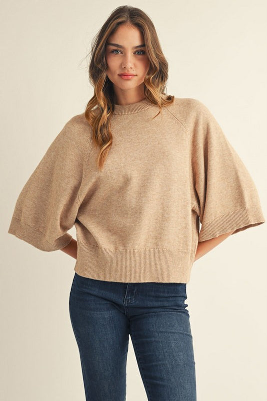 Drop Shoulder Elbow Sleeve Sweater - Oatmeal