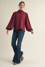 Button Up Mock Neck Long Sleeve - Burgundy