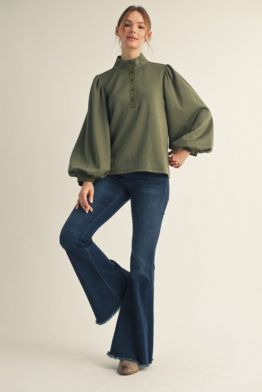 Button Up Mock Neck Long Sleeve - Olive