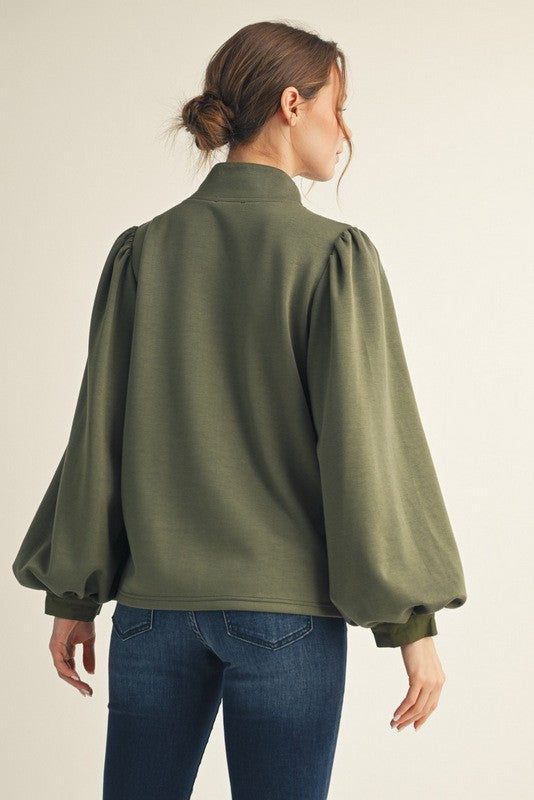 Button Up Mock Neck Long Sleeve - Olive