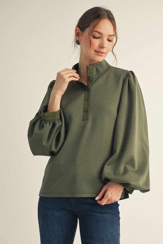Button Up Mock Neck Long Sleeve - Olive