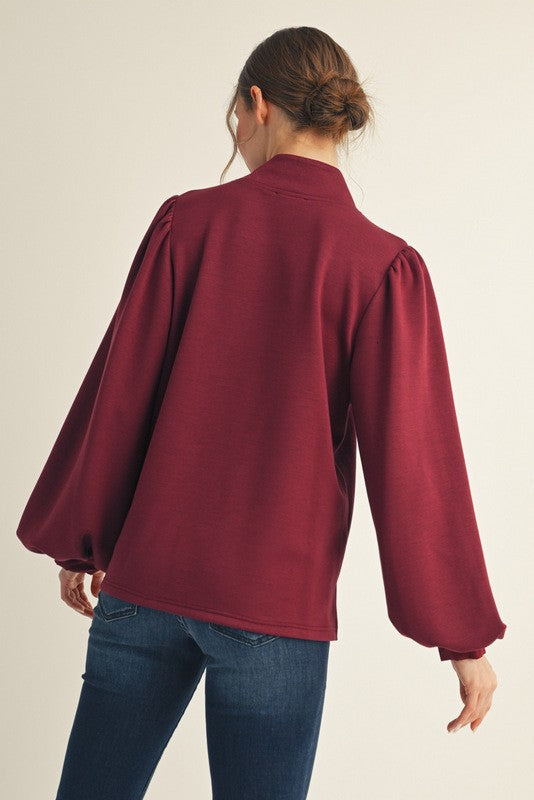 Button Up Mock Neck Long Sleeve - Burgundy
