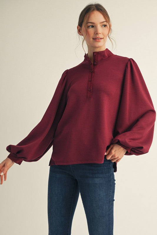 Button Up Mock Neck Long Sleeve - Burgundy