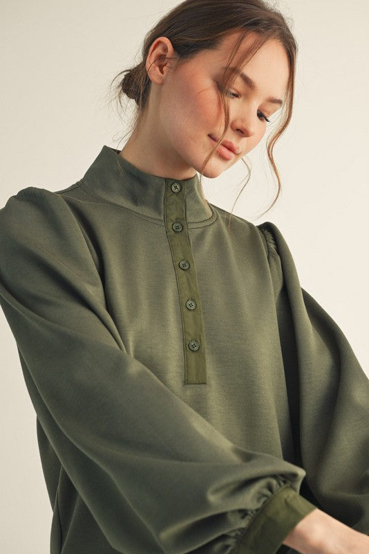 Button Up Mock Neck Long Sleeve - Olive
