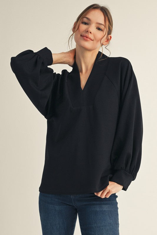 Black Raglan Long Sleeve V-Neck Top