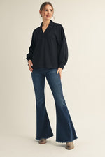 Black Raglan Long Sleeve V-Neck Top