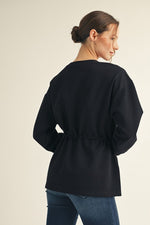 Drawstring Waist Smooth Textured Top - Black