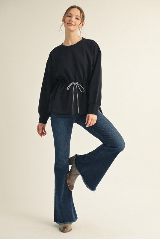 Drawstring Waist Smooth Textured Top - Black