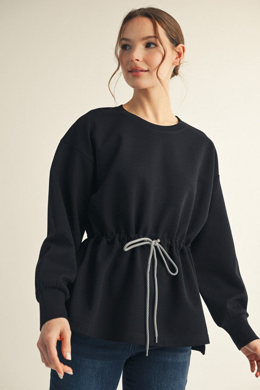 Drawstring Waist Smooth Textured Top - Black