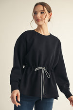 Drawstring Waist Smooth Textured Top - Black
