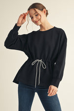 Drawstring Waist Smooth Textured Top - Black