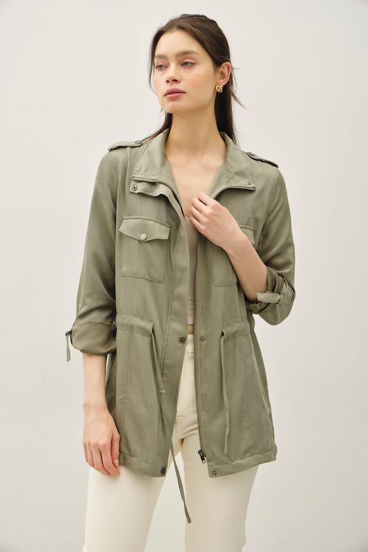 Cinched Waist Cargo Utility Jacket