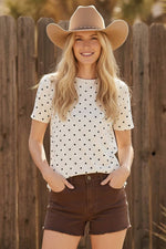 Polka Dot Crew Neck Short Top - Off White/Black