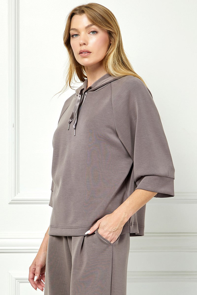Soft Hooded Top With Satin Tie Detail - Mocha