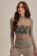 Mock Neck Lace Long Sleeve with Thumb Holes - Slate