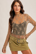 Mock Neck Lace Long Sleeve with Thumb Holes - Dusty Olive