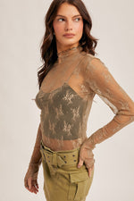 Mock Neck Lace Long Sleeve with Thumb Holes - Dusty Olive