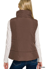 High Neck Puffer Vest - Brown