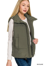 High Neck Puffer Vest - Dark Olive