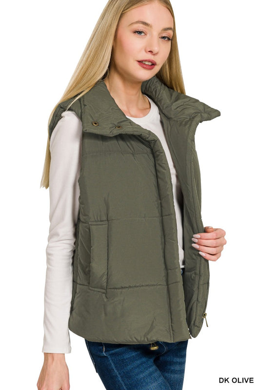 High Neck Puffer Vest - Dark Olive