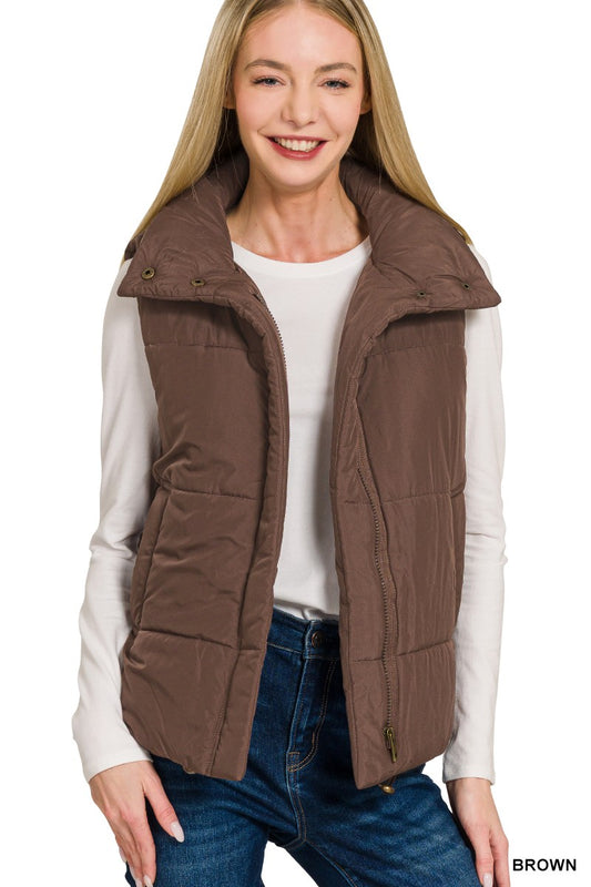 High Neck Puffer Vest - Brown