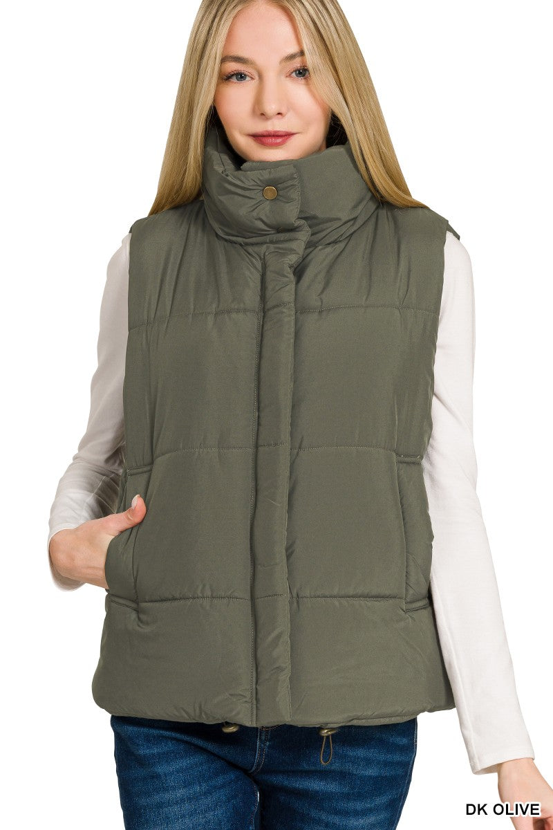 High Neck Puffer Vest - Dark Olive