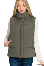 High Neck Puffer Vest - Dark Olive
