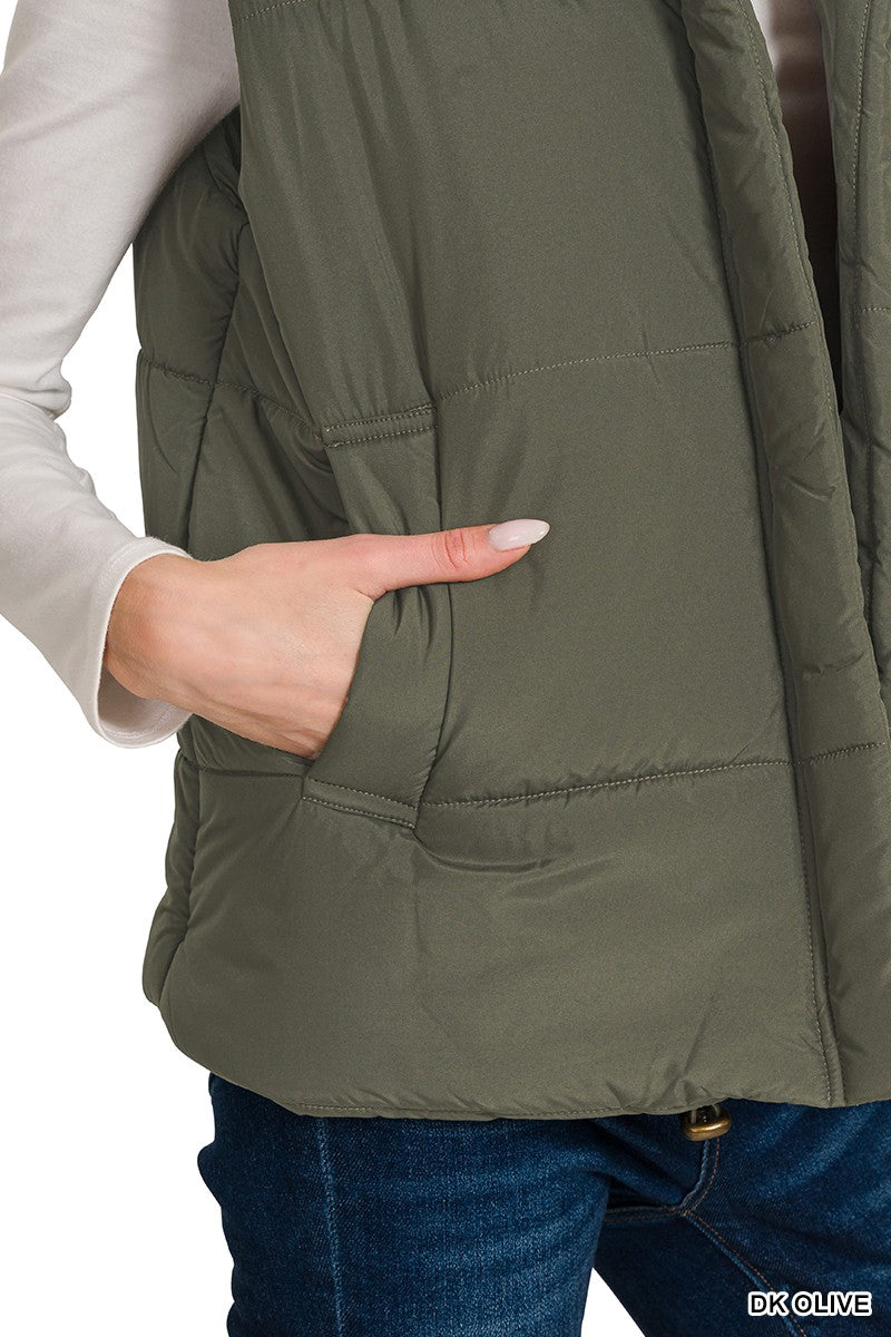 High Neck Puffer Vest - Dark Olive