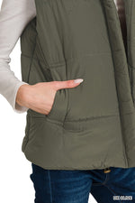 High Neck Puffer Vest - Dark Olive