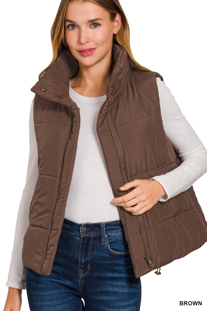 High Neck Puffer Vest - Brown