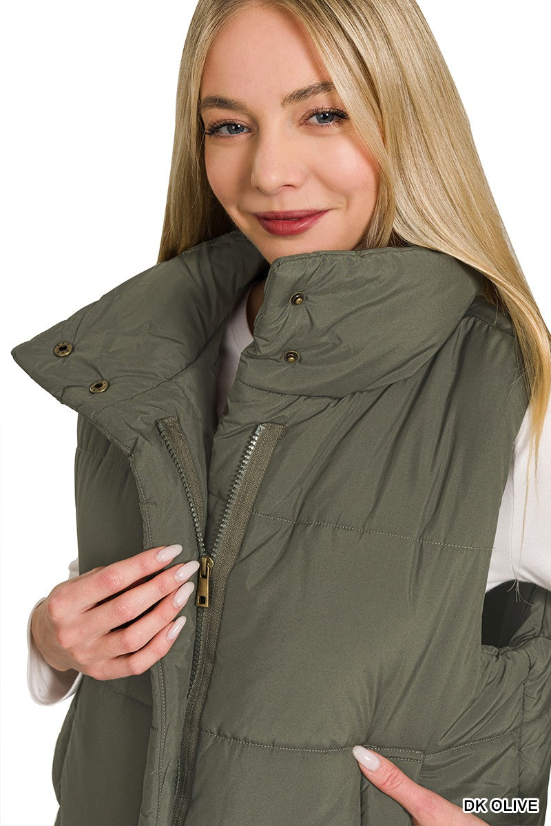 High Neck Puffer Vest - Dark Olive